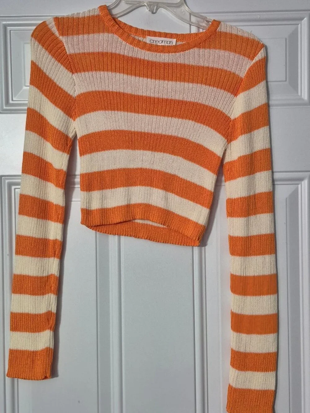 Women's Sweater and Skirt SET, Creamon. Small. orange/cream stripe.